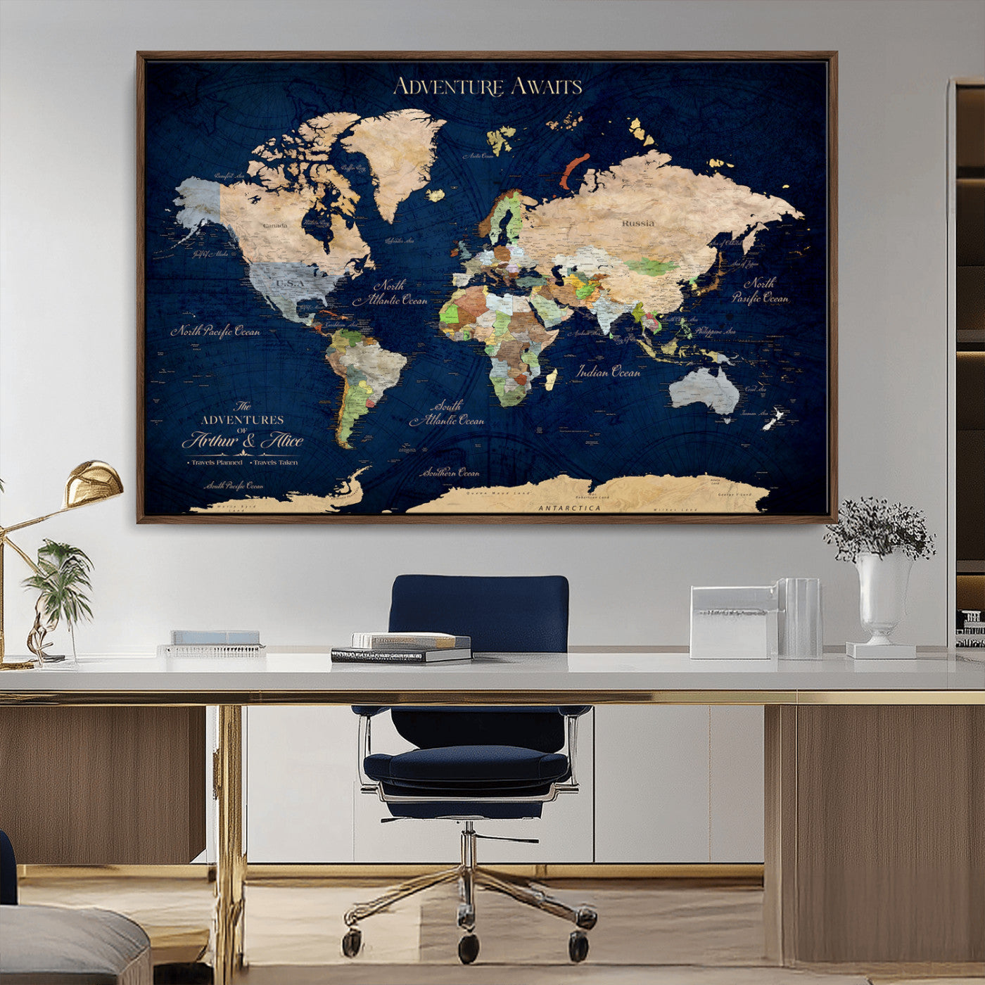 43160428-MGV-CV-36X24-Adventure Awaits Navy Blue World Map – Vibrant Travel Canvas Wall Art, Antique Atlas Print, Wanderlust Decor for Home Office