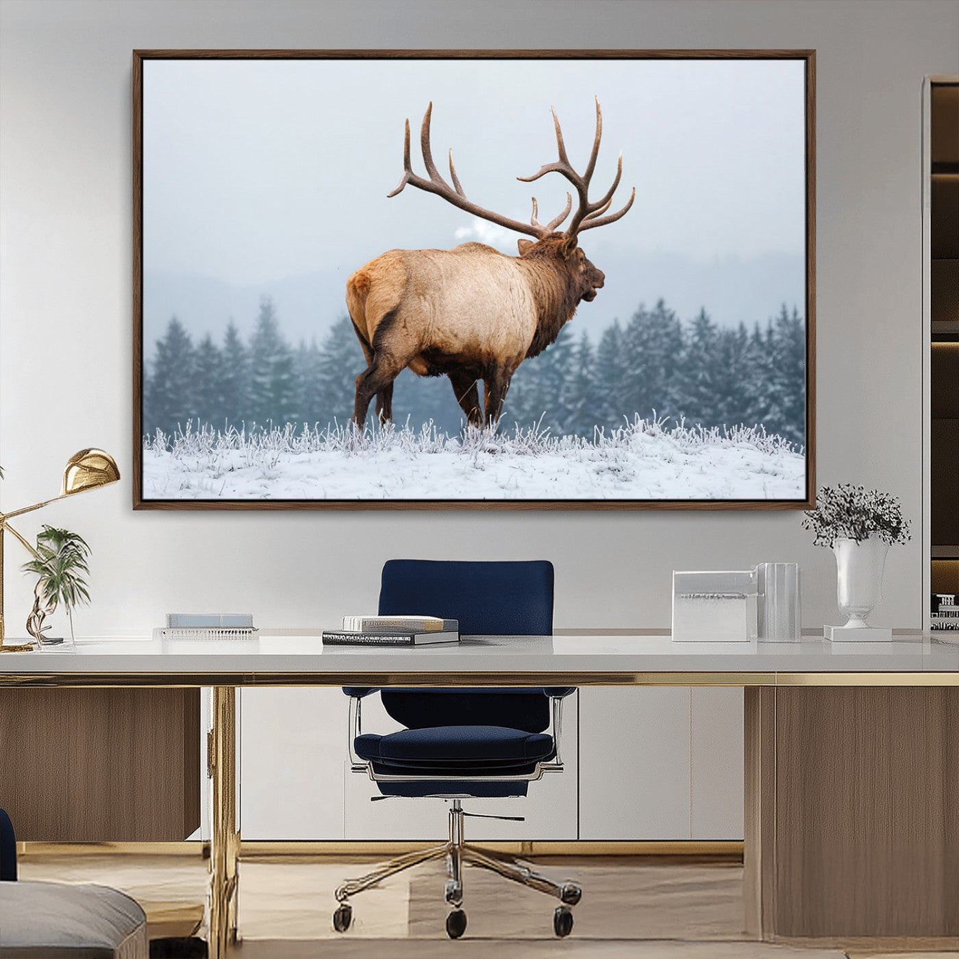 85177251-MGV-CV-36X24-Elk Wall Art – Majestic Wildlife Canvas Print of Bull Elk Snowy Forest, Rustic Nature Decor for Living Room, Cabin, or Office