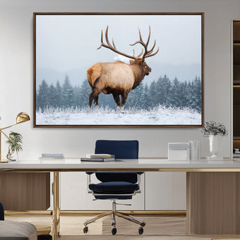 85177251-MGV-CV-36X24-Elk Wall Art – Majestic Wildlife Canvas Print of Bull Elk Snowy Forest, Rustic Nature Decor for Living Room, Cabin, or Office