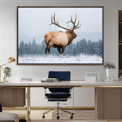 85177251-MGV-CV-36X24-Elk Wall Art – Majestic Wildlife Canvas Print of Bull Elk Snowy Forest, Rustic Nature Decor for Living Room, Cabin, or Office