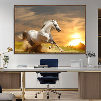 44295212-MGV-CV-36X24-Horse Wall Art – Running White Stallion Canvas Print with Sunset Background, Western Wildlife Decor for Living Room, Office, or