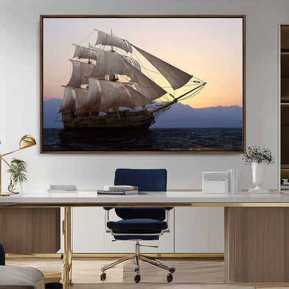 31270610-MGV-CV-36X24-Sailing Ship Wall Art – Sunset Seascape Canvas Print with Tall Ship at Sea, Nautical Ocean Decor for Living Room, Office, or