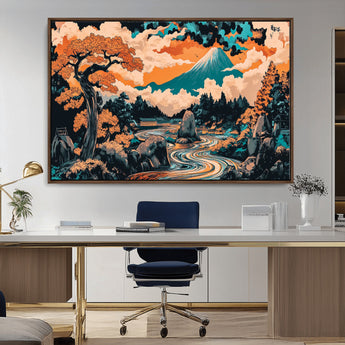21638941-MGV-CV-36X24-Japanese Landscape Wall Art – Mount Fuji and Flowing River Ukiyo-e Style Canvas Print, Traditional Japan Inspired Artwork for
