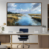 87082041-MGV-CV-36X24-Painted Marshland Canvas Wall Art – Serene Water Reflection, Blue Sky, Golden Grass Landscape, Calm Nature Decor for Home, Office,