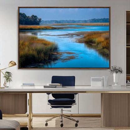 26300004-MGV-CV-36X24-Tranquil Marshland Canvas Wall Art – Blue Water, Reflective Sky, Golden Grasses, Calm Nature Landscape, Scenic Outdoor Beauty for