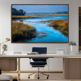 26300004-MGV-CV-36X24-Marshland Landscape Wall Art – Scenic Nature Canvas Print with Golden Grass and Blue Water, Peaceful River Photography for Living