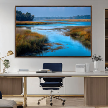 26300004-MGV-CV-36X24-Marshland Landscape Wall Art – Scenic Nature Canvas Print with Golden Grass and Blue Water, Peaceful River Photography for Living
