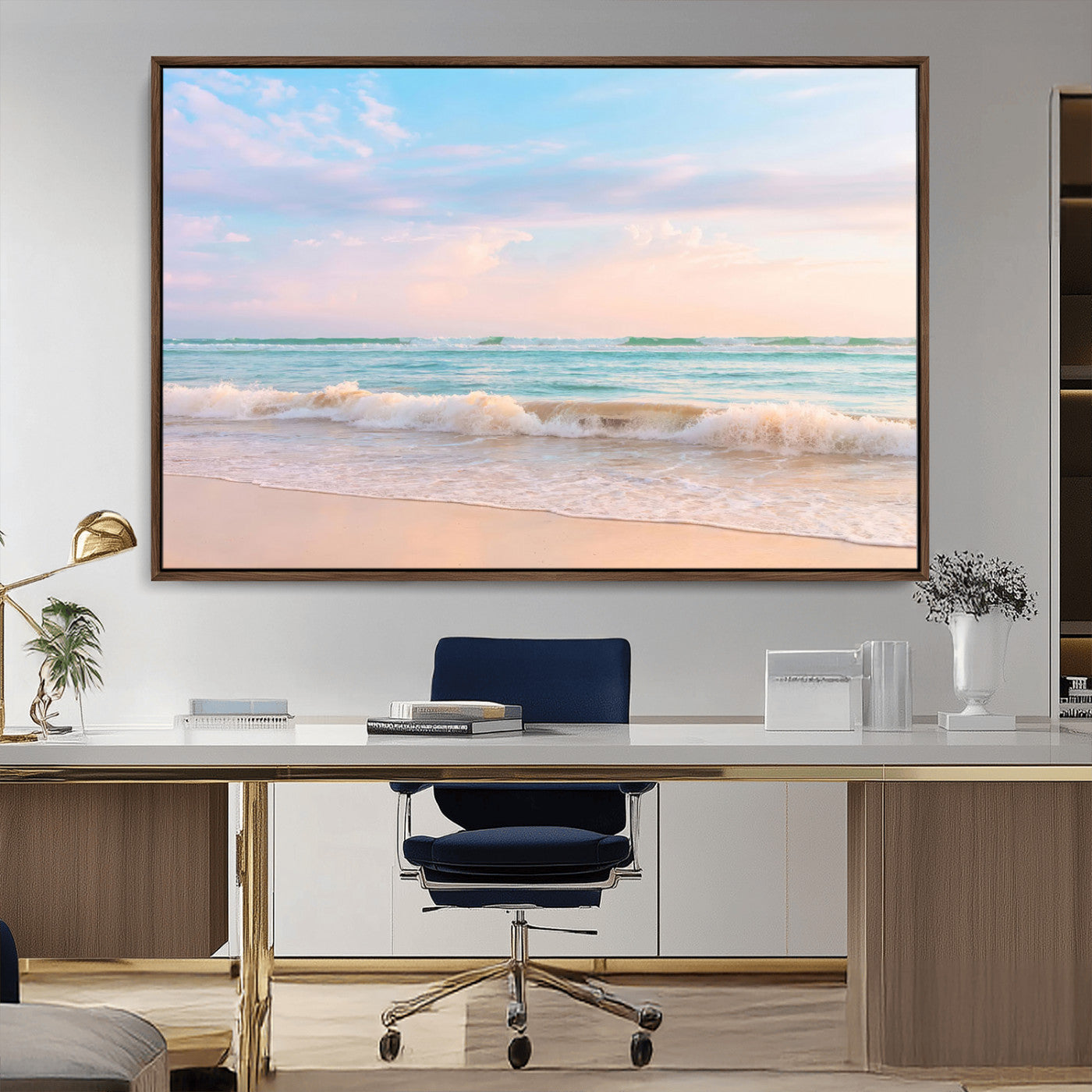 88024944-MGV-CV-36X24-Serene Ocean Waves Canvas Wall Art – Pastel Sky, Soft Sand Beach, Tranquil Seascape, Calm Water Coastal Nature, Relaxing Peaceful