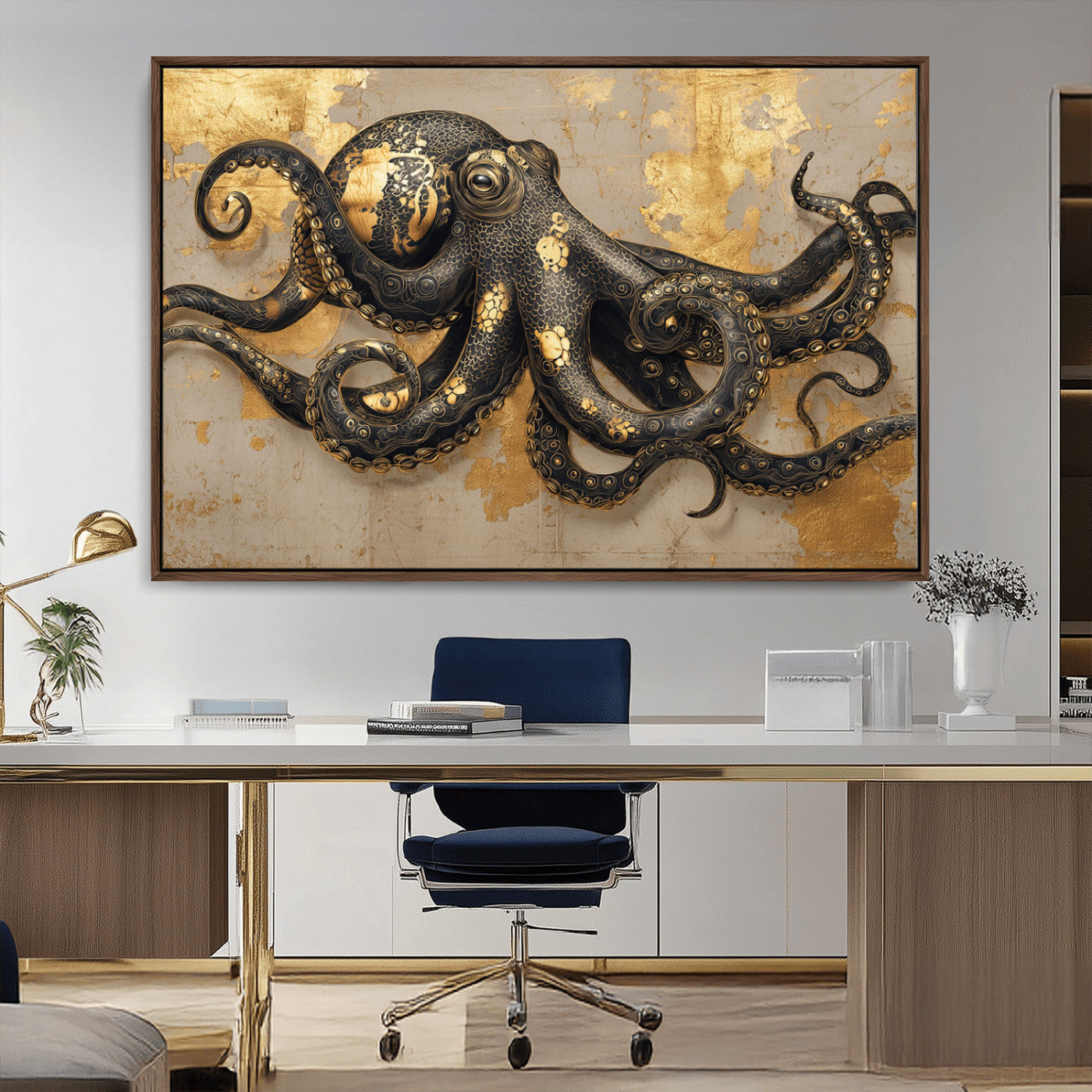 57944271-MGV-CV-36X24-Octopus Wall Art – Black and Gold Nautical Canvas Print, Modern Ocean Inspired Artwork with Elegant Detailing, Coastal Marine