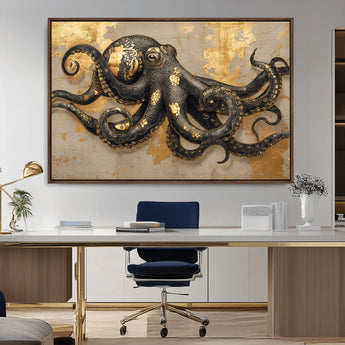 57944271-MGV-CV-36X24-Octopus Wall Art – Black and Gold Nautical Canvas Print, Modern Ocean Inspired Artwork with Elegant Detailing, Coastal Marine