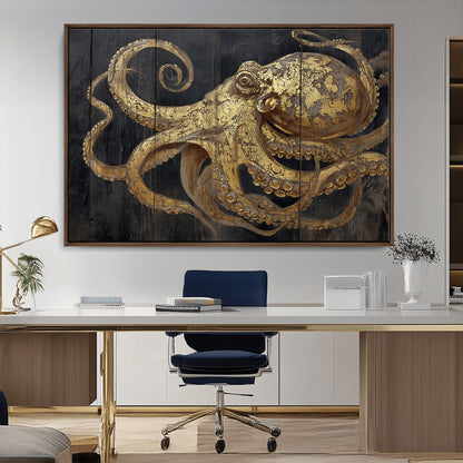 47056538-MGV-CV-36X24-Octopus Wall Art – Gold Nautical Canvas Print with Rustic Wood Texture, Marine Creature Artwork for Coastal Ocean Decoration in