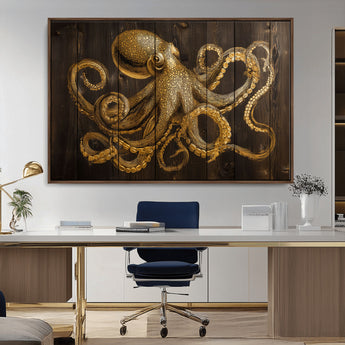 56769669-MGV-CV-36X24-Octopus Wall Art – Gold Nautical Canvas Print with Rustic Wood Panel Design, Detailed Marine Artwork for Coastal Ocean Decoration