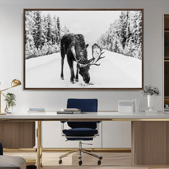 38956835-MGV-CV-36X24-Moose Winter Snowy Forest Canvas Wall Art – Wildlife Nature, Antlers in Frozen Landscape, Quiet Path, Cold Season Outdoors Print