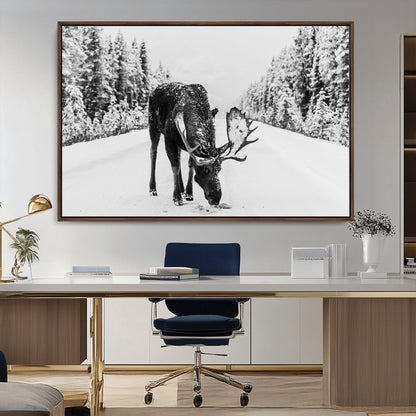 38956835-MGV-CV-36X24-Moose Winter Snowy Forest Canvas Wall Art – Wildlife Nature, Antlers in Frozen Landscape, Quiet Path, Cold Season Outdoors Print