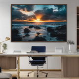 66040852-MGV-CV-36X24-Ocean Sunset Canvas Wall Art – Rocky Shore Waves, Dramatic Clouds, Golden Sun Rays, Coastal Nature, Serene Water Reflection for