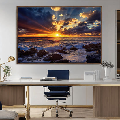 35900590-MGV-CV-36X24-Sunset Ocean Waves Canvas Wall Art – Rocky Shore, Dramatic Sky, Golden Sun Rays, Coastal Beauty, Serene Water Motion for Living