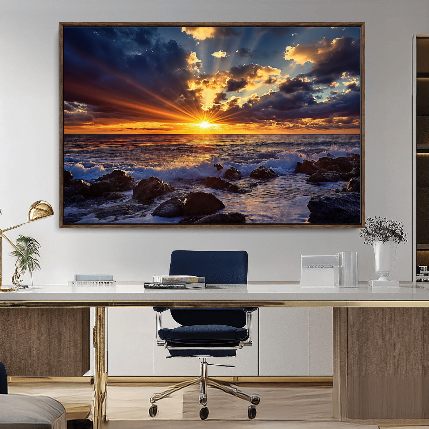 35900590-MGV-CV-36X24-Ocean Sunset Wall Art – Vivid Seascape Canvas Print with Sunburst Sky, Crashing Waves and Rocky Shore, Dramatic Coastal