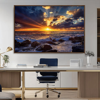 35900590-MGV-CV-36X24-Ocean Sunset Wall Art – Vivid Seascape Canvas Print with Sunburst Sky, Crashing Waves and Rocky Shore, Dramatic Coastal