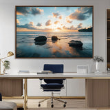 23879436-MGV-CV-36X24-Ocean Sunset Wall Art – Serene Seascape Canvas Print with Golden Sky, Reflections on Sand and Calm Waves, Peaceful Coastal