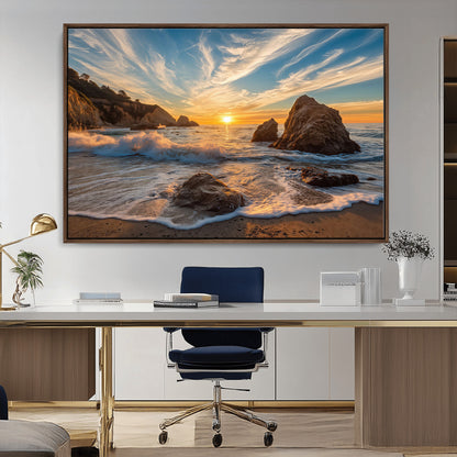 85659923-MGV-CV-36X24-Rocky Ocean Sunset Canvas Wall Art – Seaside Dramatic Seascape Print, Coastal Modern Decor, Ocean Sunset Art for Living Room or