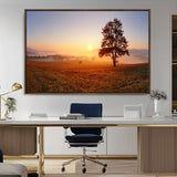 57919623-MGV-CV-36X24-Sunrise Landscape Wall Art – Golden Morning Canvas Print with Tree, Misty Hills and Open Field, Peaceful Nature Photography for
