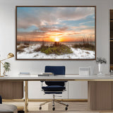58266230-MGV-CV-36X24-Beach Sunset Wall Art – Coastal Canvas Print with Sandy Dunes, Sea Grass and Golden Sky, Serene Ocean Landscape Photography for