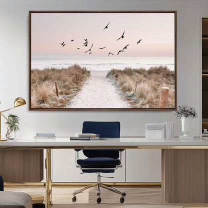 34632598-MGV-CV-36X24-Coastal Pathway Canvas Wall Art – Framed Seaside Landscape, Large Beach and Birds Canvas Print for Home, Office, or Living Room