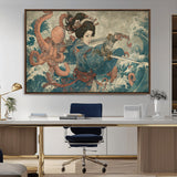 52037775-MGV-CV-36X24-Tsukioka Yoshitoshi Samurai Wall Art Print, Japanese Katana Warrior Canvas Wall Art, Octopus Sea Monster Canvas Print,