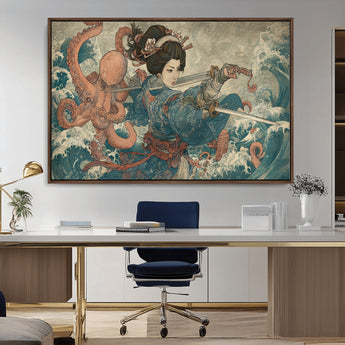 52037775-MGV-CV-36X24-Samurai Woman Wall Art – Japanese Ukiyo e Style Canvas Print with Katana, Ocean Waves and Octopus, Traditional Asian Inspired