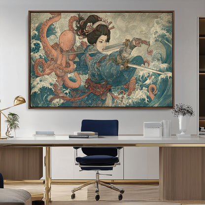 52037775-MGV-CV-36X24-Samurai Woman Wall Art – Japanese Ukiyo e Style Canvas Print with Katana, Ocean Waves and Octopus, Traditional Asian Inspired