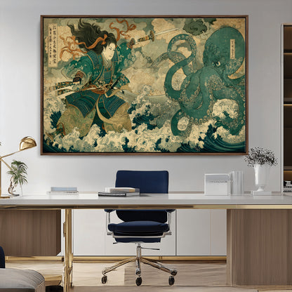 24416422-MGV-CV-36X24-Samurai vs Octopus Wall Art – Japanese Warrior Ocean Battle Canvas Print, Ukiyo e Inspired Decor for Home, Office, or Man Cave