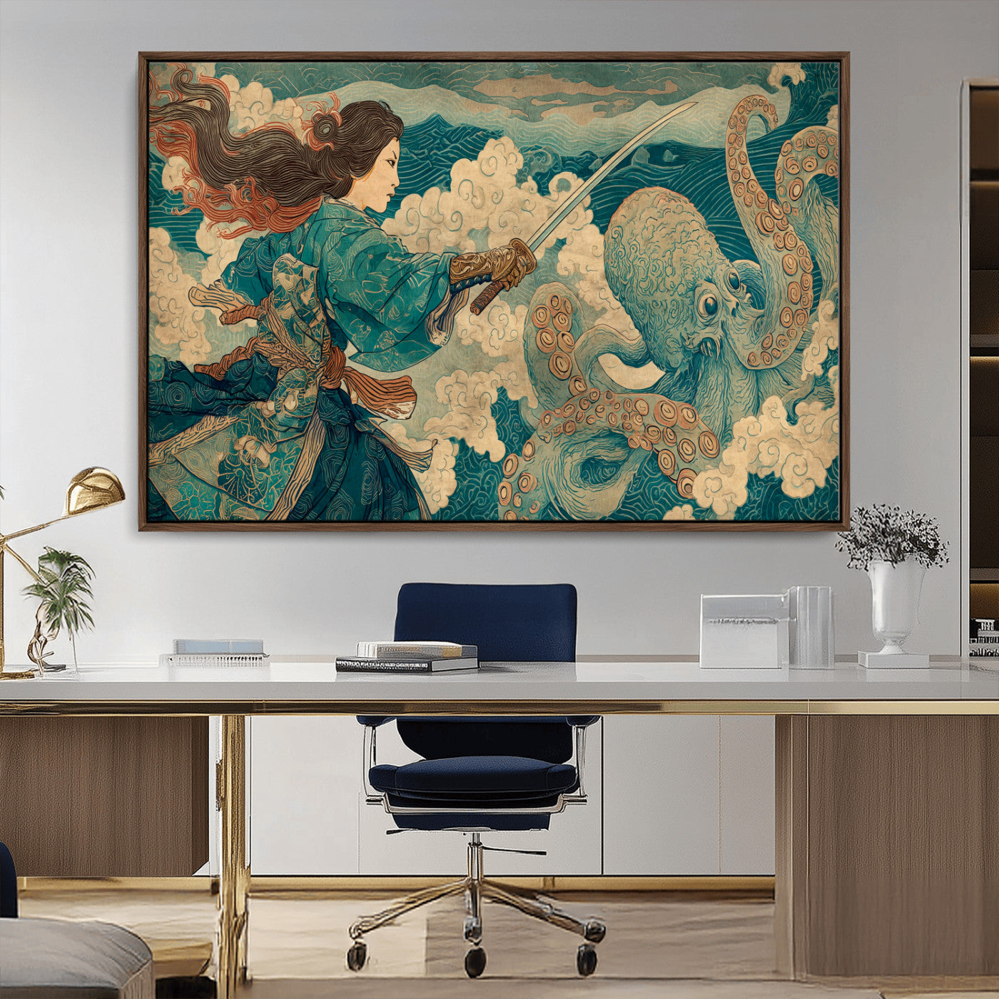 37943964-MGV-CV-36X24-Tsukioka Yoshitoshi Samurai Wall Art Print, Japanese Katana Warrior Canvas Wall Art, Octopus Sea Monster Canvas Print,