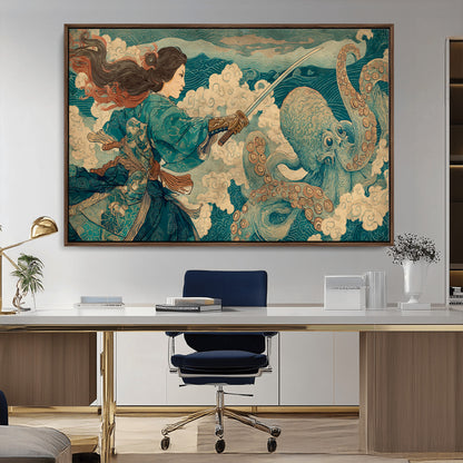 37943964-MGV-CV-36X24-Tsukioka Yoshitoshi Samurai Wall Art Print, Japanese Katana Warrior Canvas Wall Art, Octopus Sea Monster Canvas Print,
