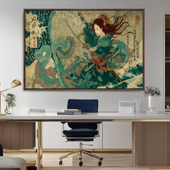 86918027-MGV-CV-36X24-Tsukioka Yoshitoshi Samurai Wall Art Print, Japanese Katana Warrior Canvas Wall Art, Octopus Sea Monster Canvas Print,