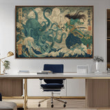 60346622-MGV-CV-36X24-Tsukioka Yoshitoshi Samurai Wall Art Print, Japanese Katana Warrior Canvas Wall Art, Octopus Sea Monster Canvas Print,