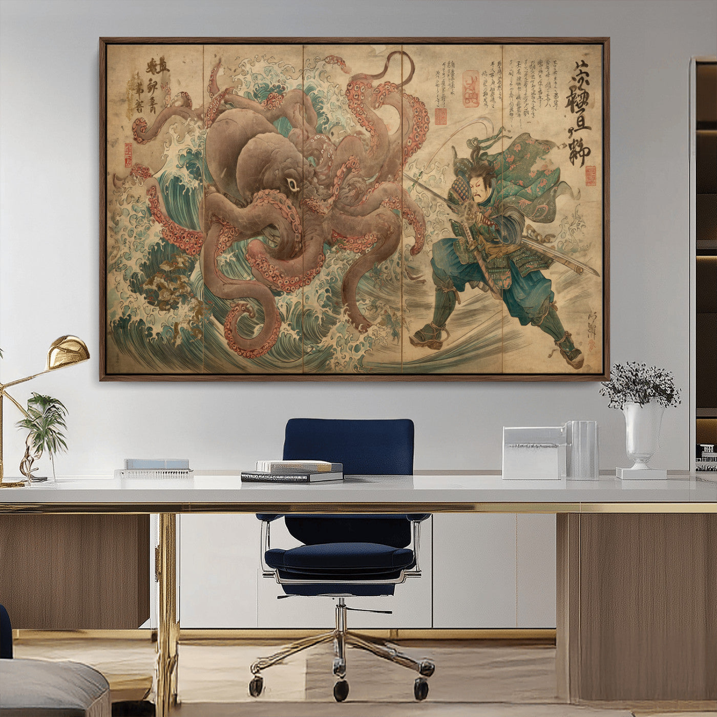 63782167-MGV-CV-36X24-Tsukioka Yoshitoshi Samurai Wall Art Print, Japanese Katana Warrior Canvas Wall Art, Octopus Sea Monster Canvas Print,