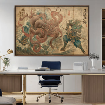 63782167-MGV-CV-36X24-Tsukioka Yoshitoshi Samurai Wall Art Print, Japanese Katana Warrior Canvas Wall Art, Octopus Sea Monster Canvas Print,