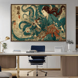 18575670-MGV-CV-36X24-Tsukioka Yoshitoshi Samurai Wall Art Print, Japanese Katana Warrior Canvas Wall Art, Octopus Sea Monster Canvas Print,