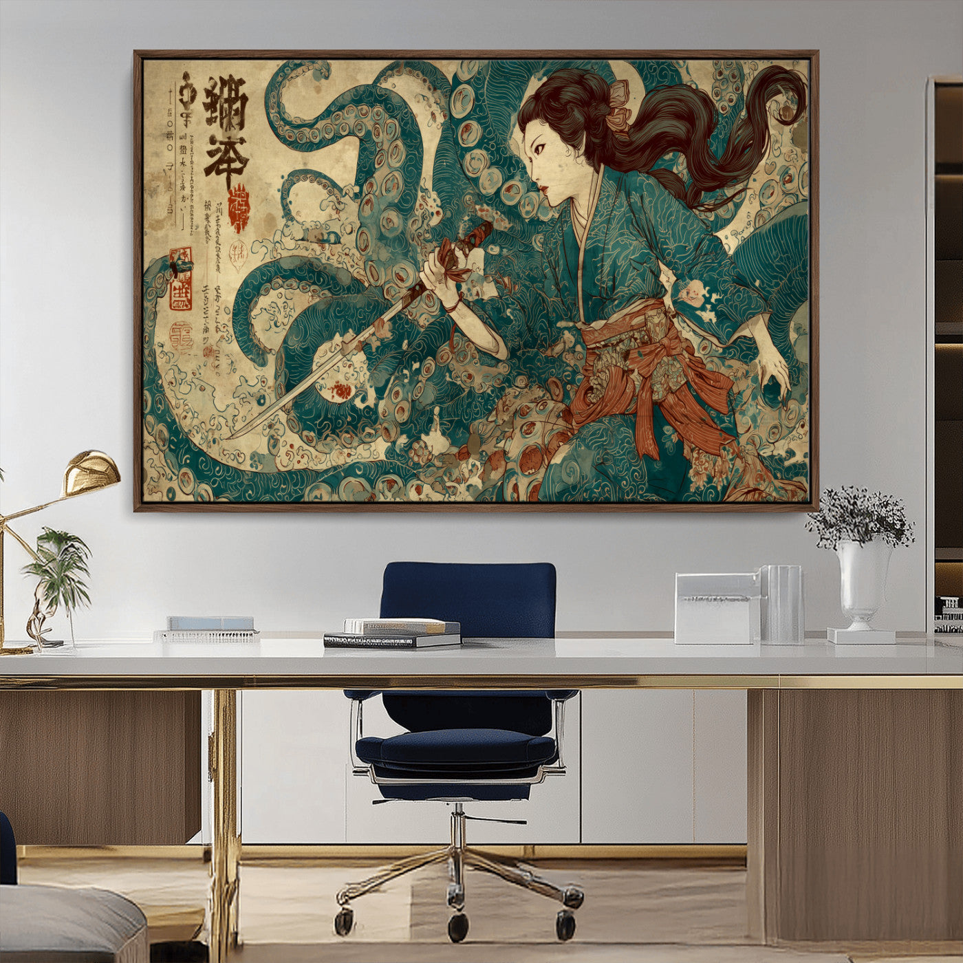 18575670-MGV-CV-36X24-Samurai Woman vs Octopus Wall Art – Japanese Ukiyo-e Ocean Battle Canvas Print, Traditional Warrior Artwork for Living Room,