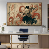 50812504-MGV-CV-36X24-Samurai Woman vs Octopus Wall Art – Japanese Ukiyo-e Red Tentacle Canvas Print, Ocean Battle Artwork for Living Room, Office, Man