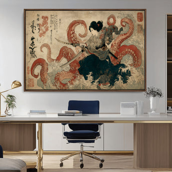 50812504-MGV-CV-36X24-Samurai Woman vs Octopus Wall Art – Japanese Ukiyo-e Red Tentacle Canvas Print, Ocean Battle Artwork for Living Room, Office, Man