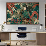 35461724-MGV-CV-36X24-Samurai Woman vs Octopus Wall Art – Japanese Ukiyo-e Ocean Waves Canvas Print, Red Tentacle Battle Artwork for Living Room,