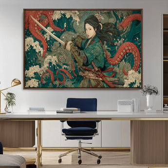 35461724-MGV-CV-36X24-Samurai Woman vs Octopus Wall Art – Japanese Ukiyo-e Ocean Waves Canvas Print, Red Tentacle Battle Artwork for Living Room,