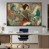 63377977-MGV-CV-36X24-Tsukioka Yoshitoshi Samurai Wall Art Print, Japanese Katana Warrior Canvas Wall Art, Octopus Sea Monster Canvas Print,