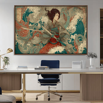 63377977-MGV-CV-36X24-Tsukioka Yoshitoshi Samurai Wall Art Print, Japanese Katana Warrior Canvas Wall Art, Octopus Sea Monster Canvas Print,