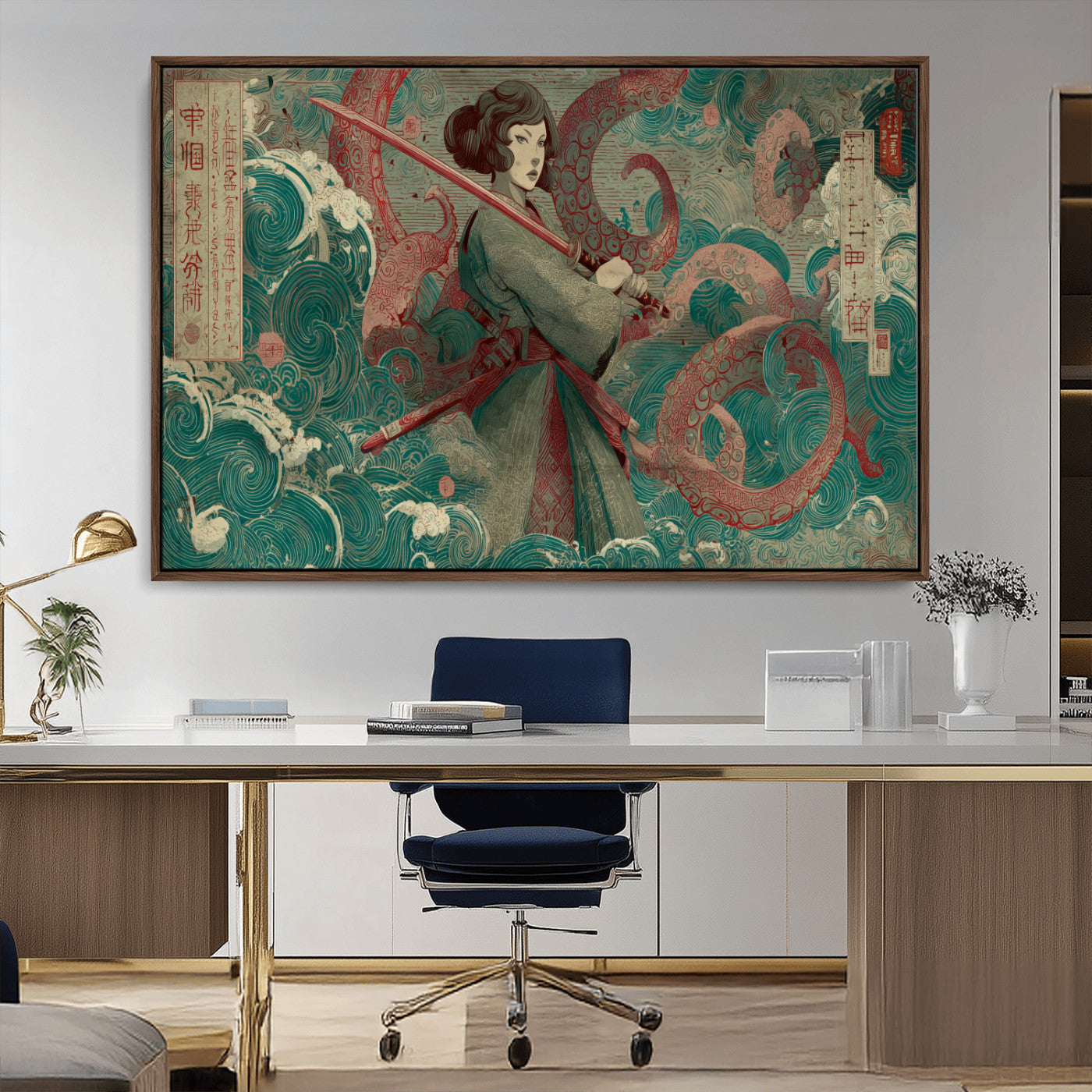 91666601-MGV-CV-36X24-Samurai Woman vs Octopus Wall Art – Japanese Ukiyo-e Green Robe Canvas Print, Ocean Battle Artwork for Living Room, Office, Man