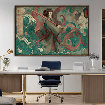 91666601-MGV-CV-36X24-Samurai Woman vs Octopus Wall Art – Japanese Ukiyo-e Green Robe Canvas Print, Ocean Battle Artwork for Living Room, Office, Man