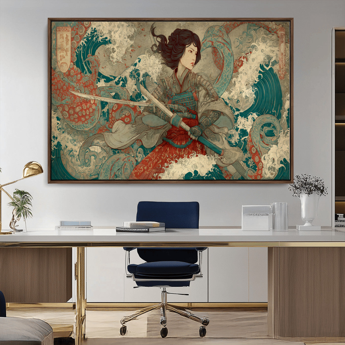 37797255-MGV-CV-36X24-Samurai Woman vs Octopus Wall Art – Japanese Ukiyo-e Red Armor Ocean Battle Canvas Print, Warrior Artwork for Living Room, Office,