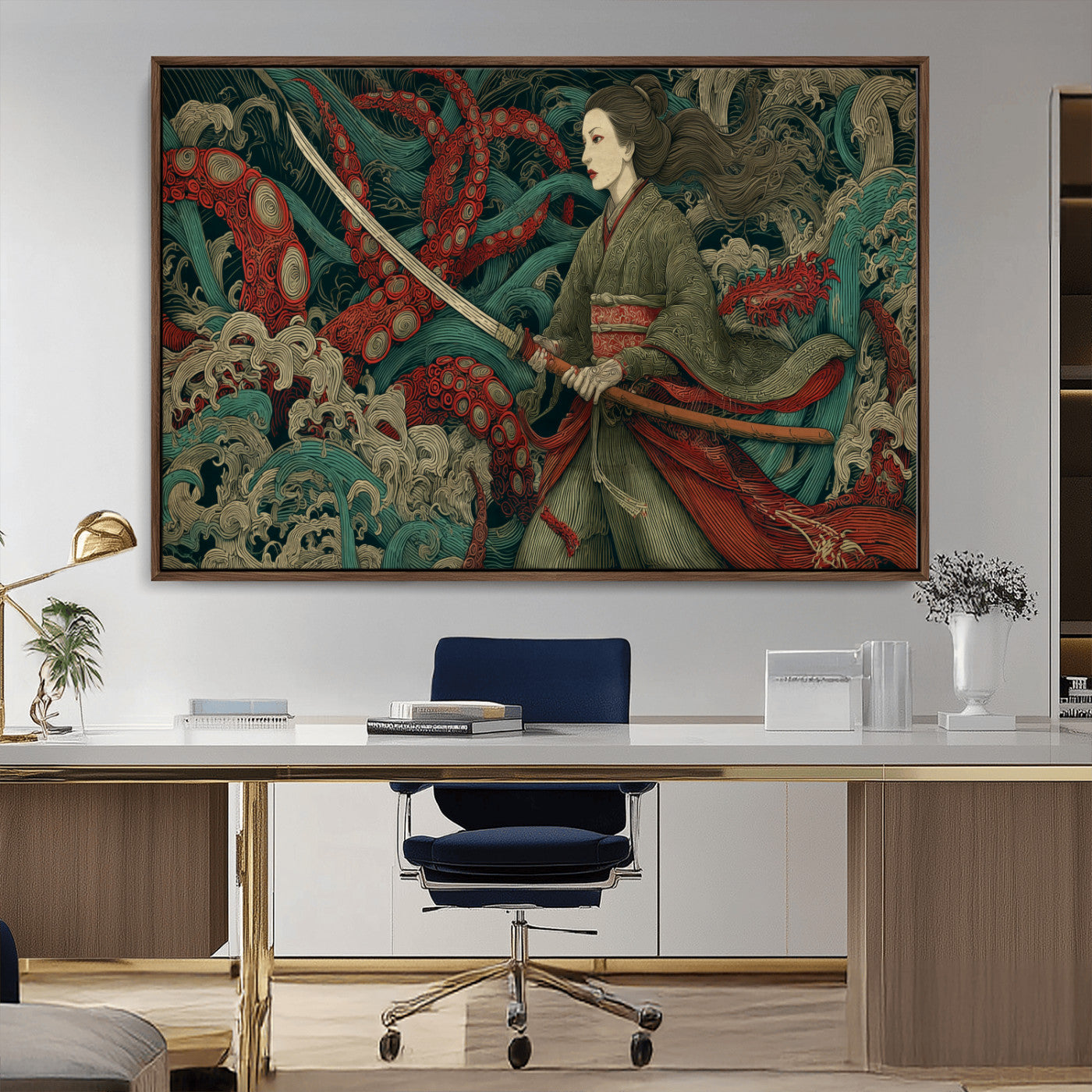18902796-MGV-CV-36X24-Samurai Woman vs Octopus Wall Art – Japanese Ukiyo-e Green Kimono Canvas Print, Ocean Battle Scene Artwork for Living Room,