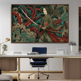 18902796-MGV-CV-36X24-Samurai Woman vs Octopus Wall Art – Japanese Ukiyo-e Green Kimono Canvas Print, Ocean Battle Scene Artwork for Living Room,